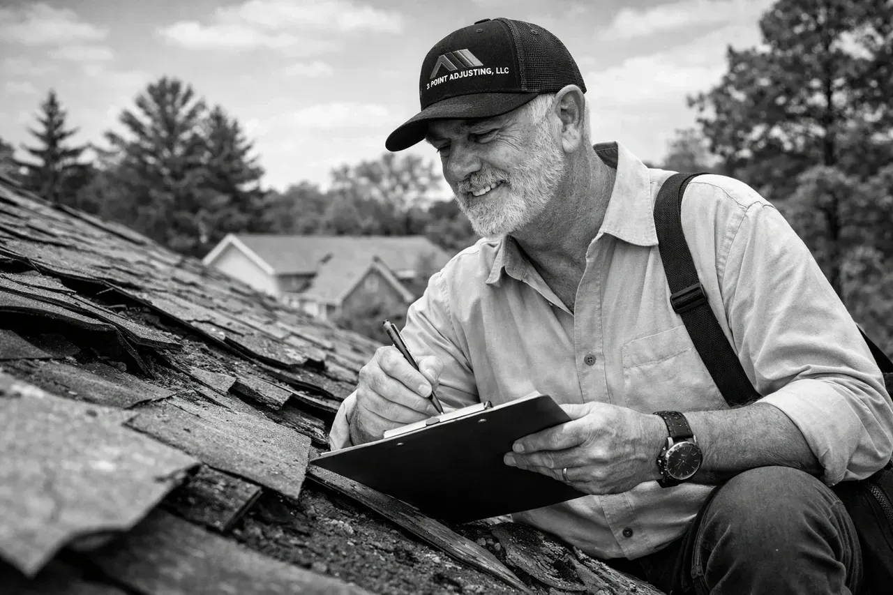 Steve Jenkins, founder of 3 Point Adjusting, documenting shingle damage on a roof